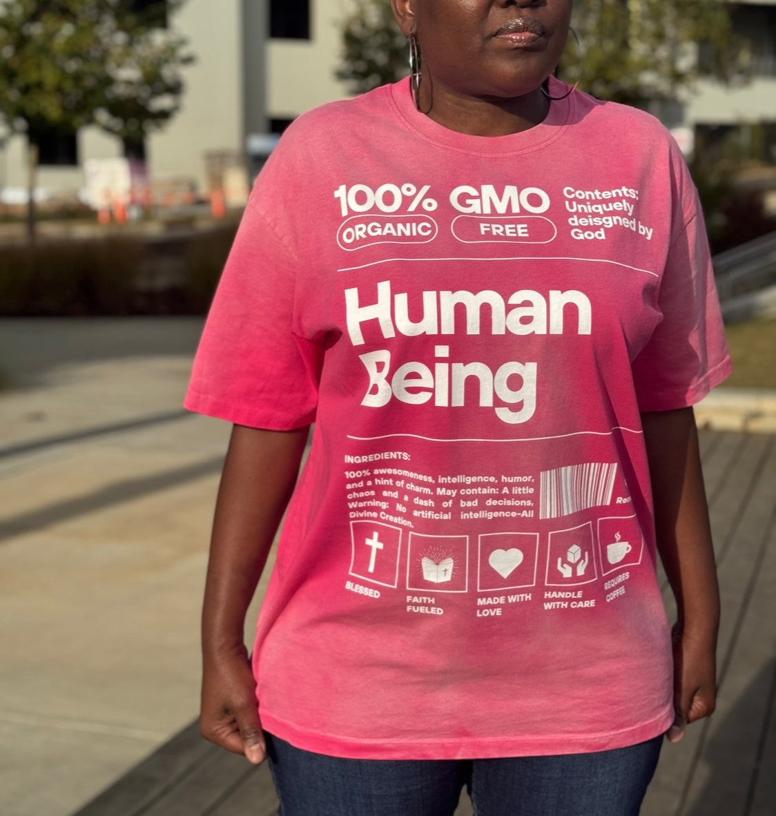 Human Being - 100% GMO Free" Vintage Oversized Pink Unisex T-Shirt
